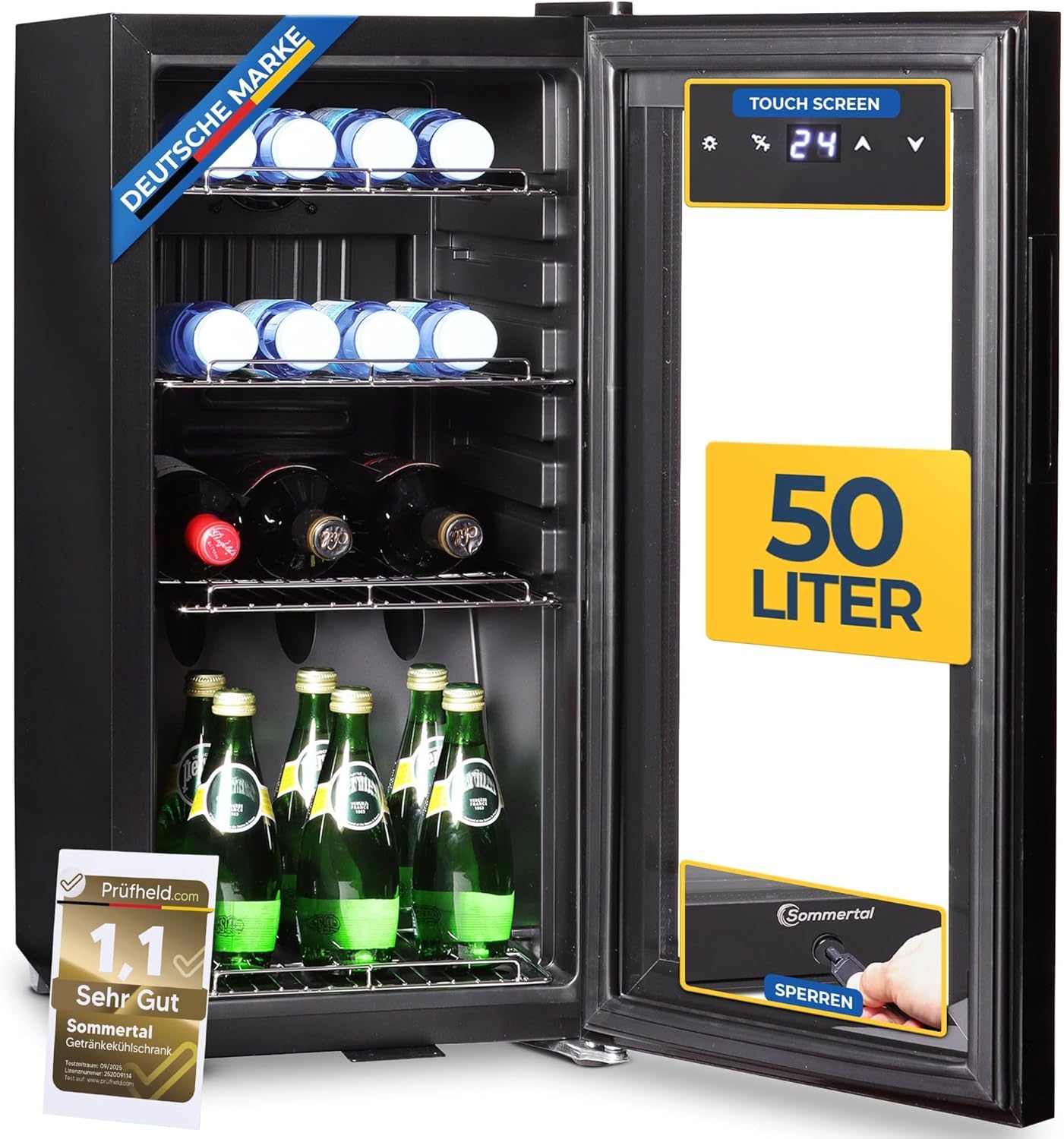 Kühlschrank mit Glastür GK50– Leiser Getränkekühlschrank mit LED, Touchscreen & Schloss kleiner Flaschenkühlschrank schwarz 50L