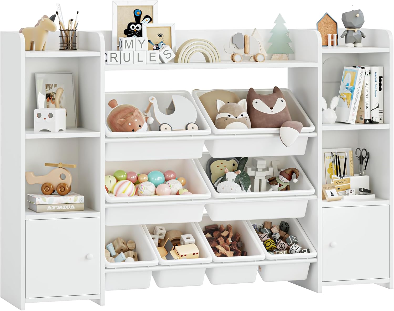 FOREHILL Kinderregal mit 8 Boxen Kinderschrank Holz Bücherregal für Kinder Aufbewahrungsbox Kinderzimmer Möbel mit Spielzeugkiste 138,8 x 94,3 x29,6 cm weiß