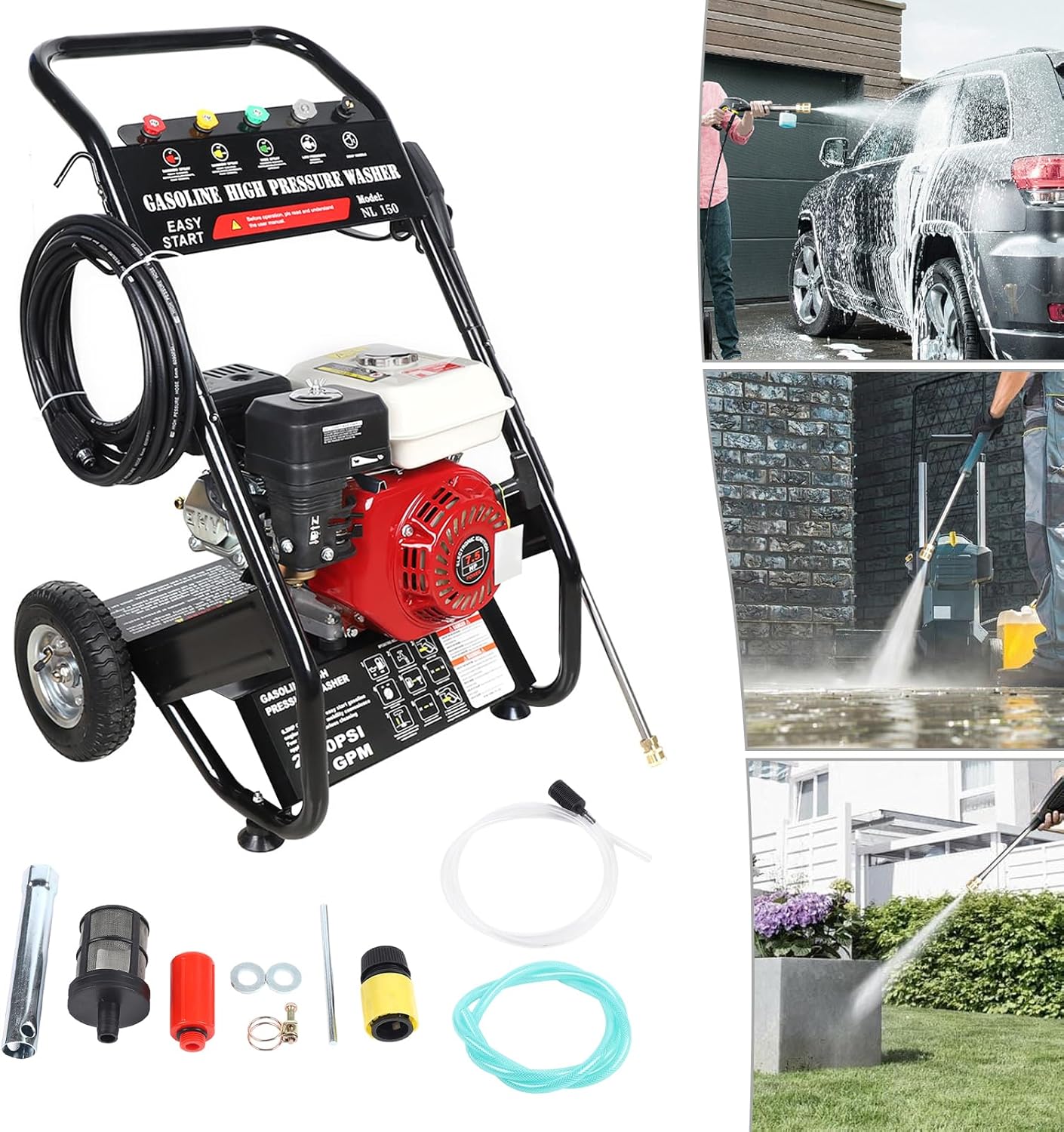 Power Equipment Benzin Hochdruckreiniger, Terrassenreinger, Hochdruckpistole, 7.5 PS Viertaktmotor, 5 Düsenaufsätze, 8m Schlauch, 2m Wasserzulaufschlauch, Vollgummiräder,170-190Bar, 2200PSI