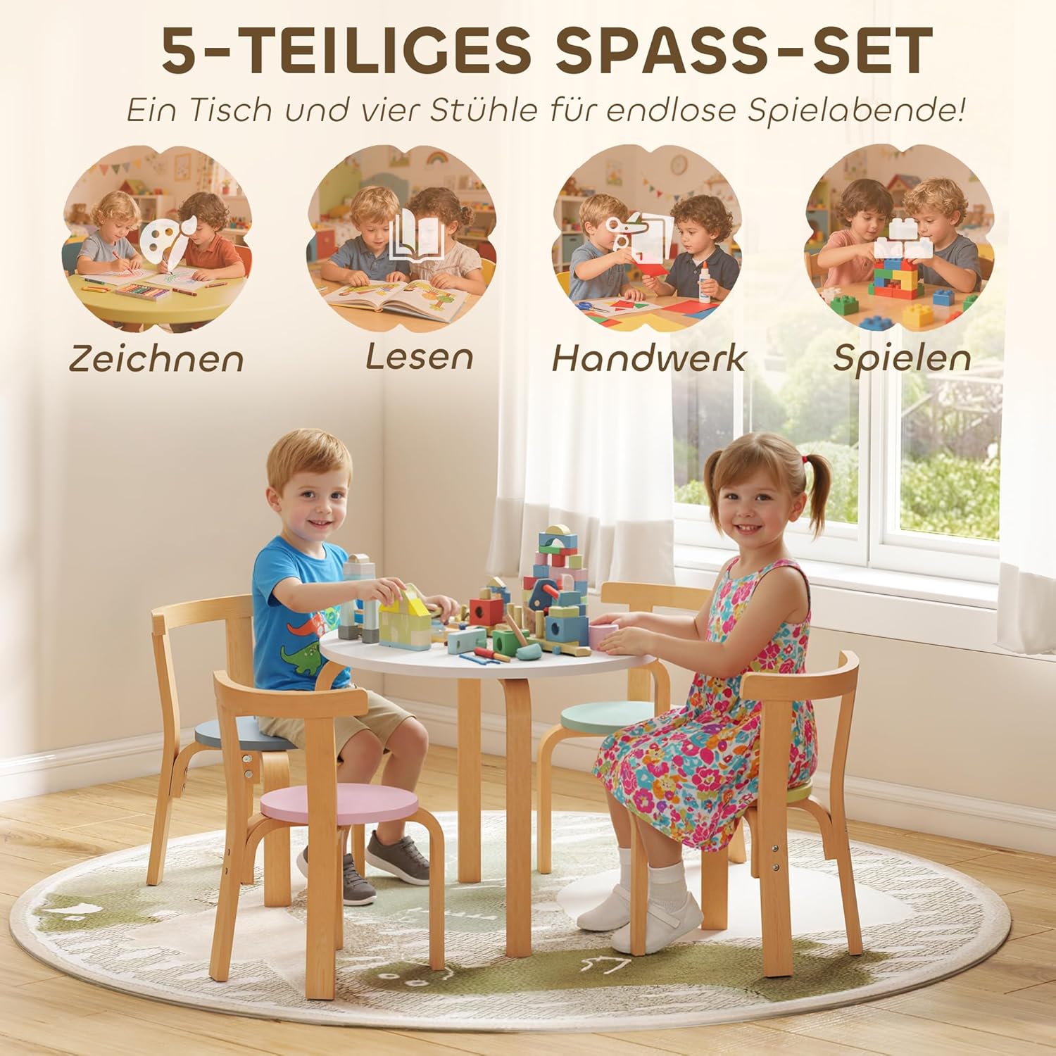 AIYAPLAY Kindertisch Holz mit 4 Stühlen 5-teilig Kinder Tisch Stuhl Set Kindersitzgruppe Sitzgruppe für Kinderzimmer, für 3-8 Jahre Kinder, Bunt