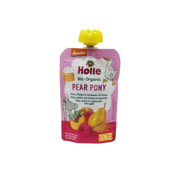 Garrafa de água Holle Pouchy orgânica sabor pera, pêssego e framboesa +8m 100g