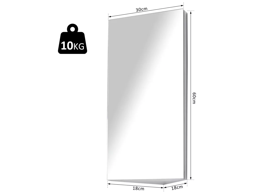 Armoire miroir salle de bain armoire de toilette murale meuble d'angle 2 étagères dim. 30L x 18,4l x 60H cm acier inox.