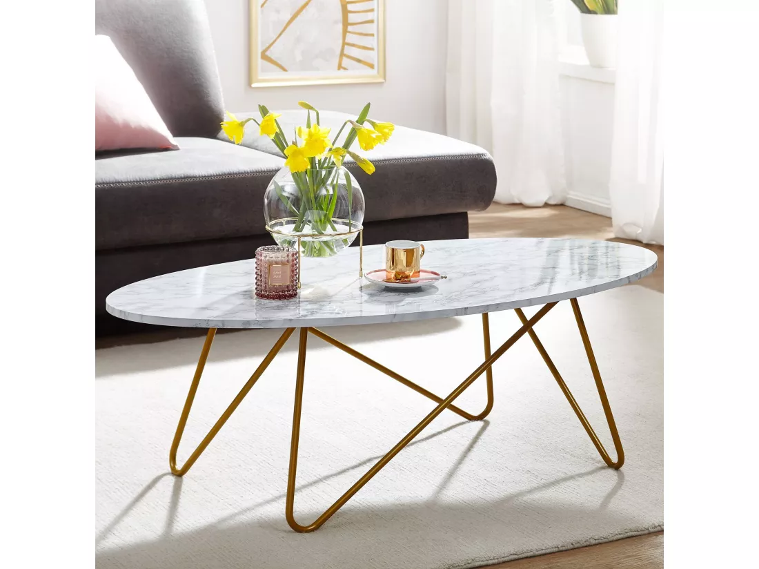 Table basse ovale 120x40x60 cm aspect marbre blanc structure en métal