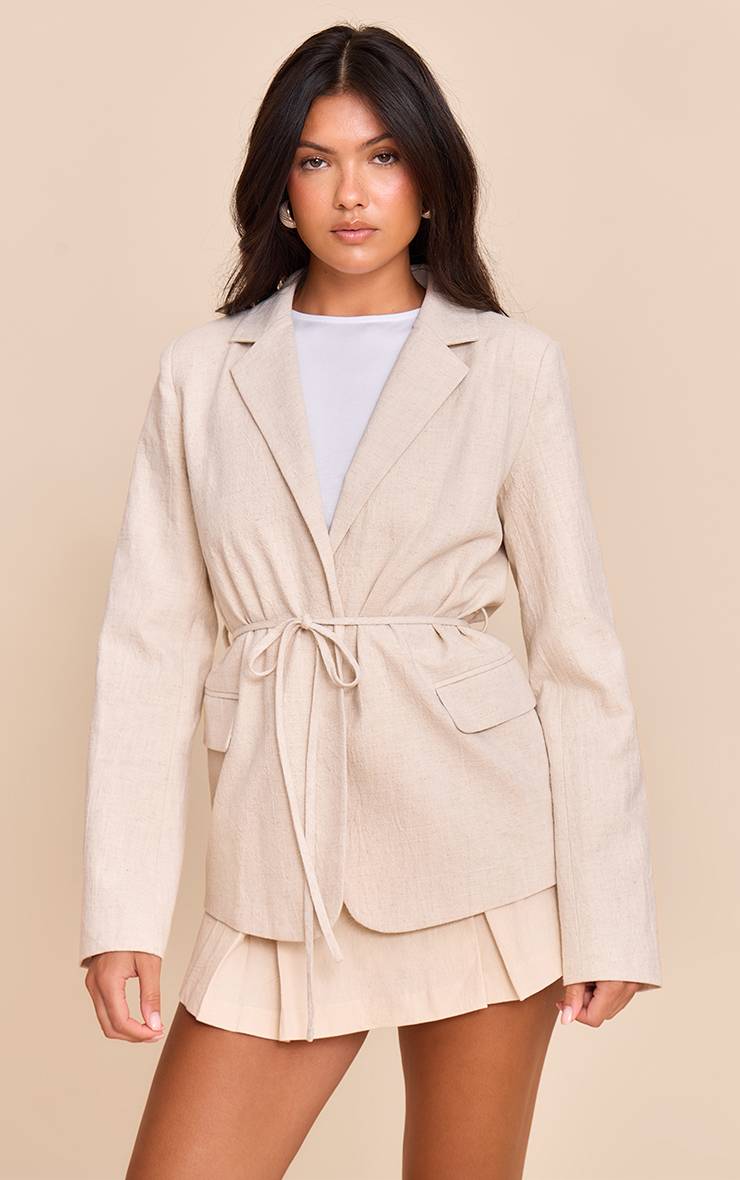 Gris Pierre Blazer Aspect Lin À Taille Nouée