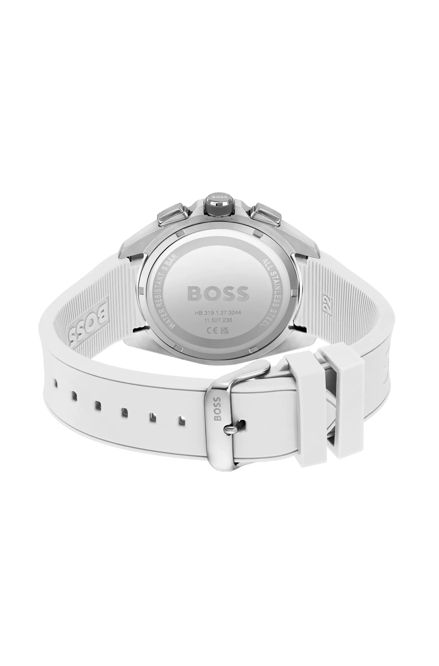Relógio cronógrafo BOSS com mostrador laranja-acinzentado e pulseira de silicone branca.