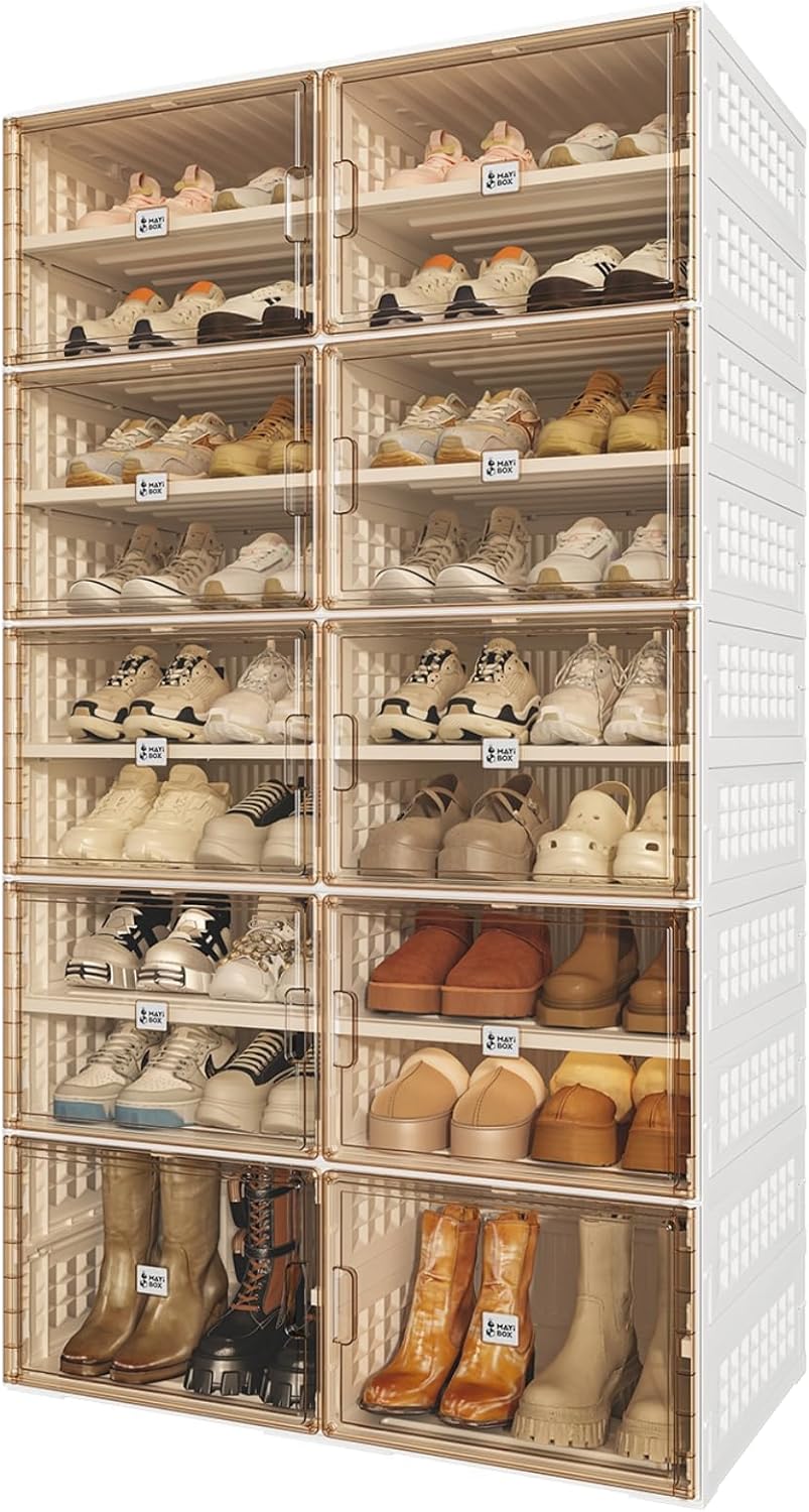 Großer Schuhschrank,Transparente Schuhboxen,Schuhregal Platzsparend,Stapelbar, mit Magnetischer Tür,9 Schichten (Geeignet für große Schuhe+Zusätzliche 11 cm Breite)