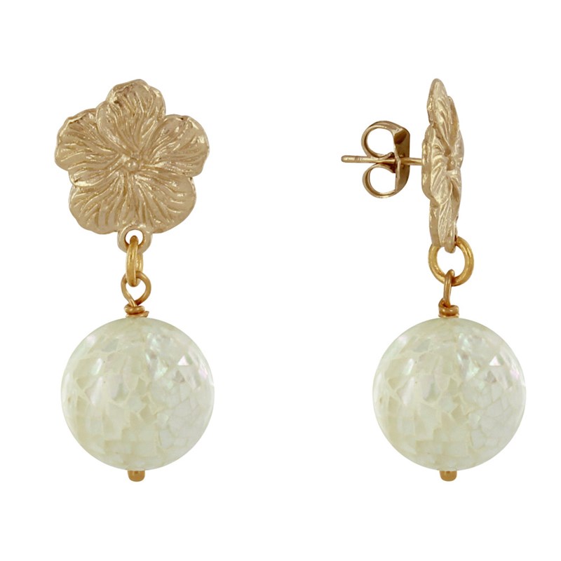 Boucles d'Oreilles Clous Métal Doré Fleur et Perle de Nacre Facettée