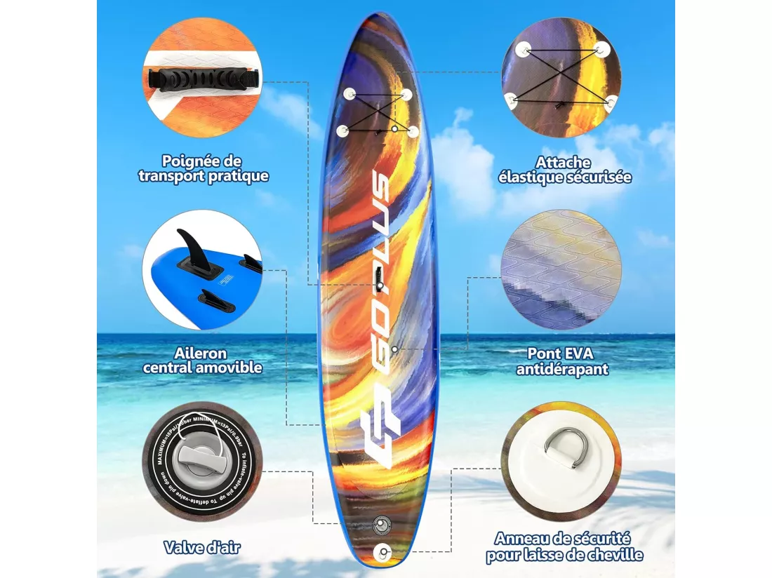 Planche de Stand up Paddle Gonflable avec Laisse de sécurité, kit de réparation et sac de transport, avec accessoires complets, 335CM