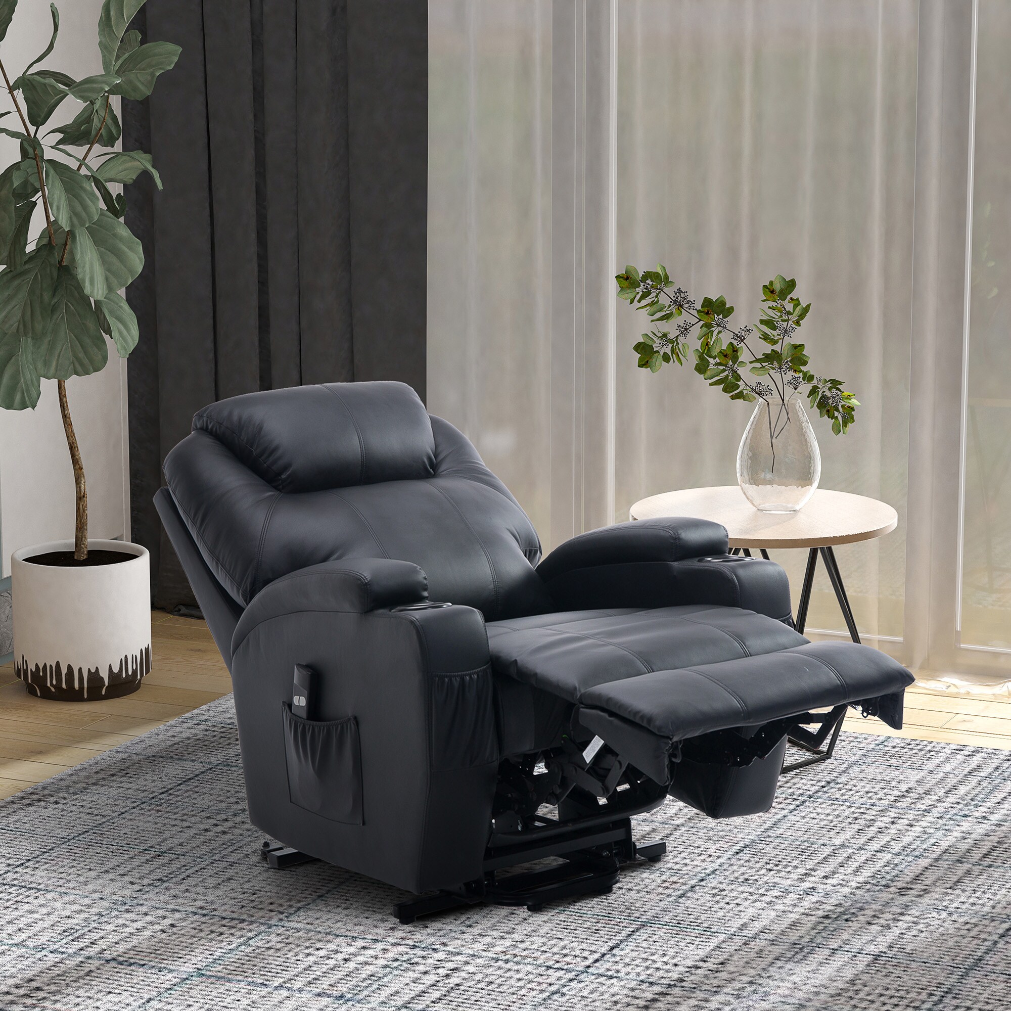 HOMCOM Fernsehsessel 2-in-1-Design, Becherhalter auf beiden Seiten, Sessellift Schwarz 84 x 92 x 109 cm (BxTxH)
