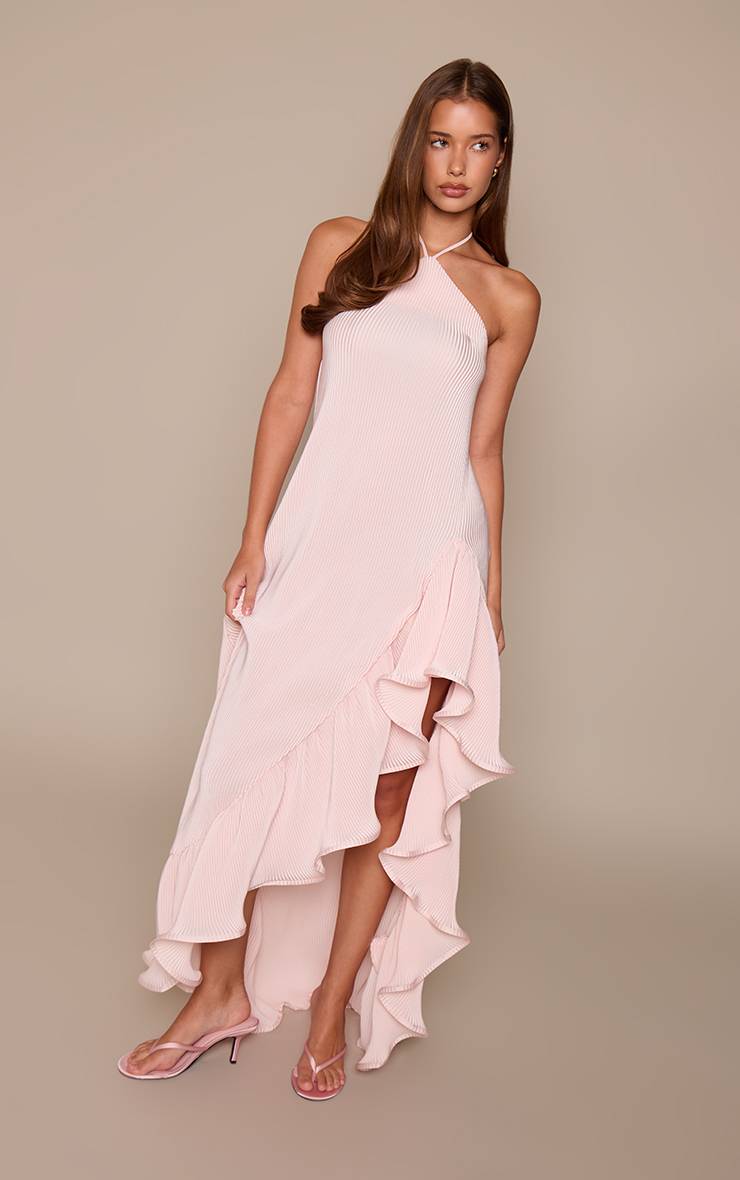 Rose Bébé Robe Longue En Satin Plissé Avec Détail De Volants