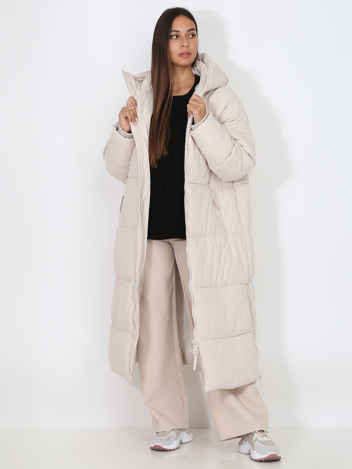 Doudoune longue matelassée à capuche- Beige