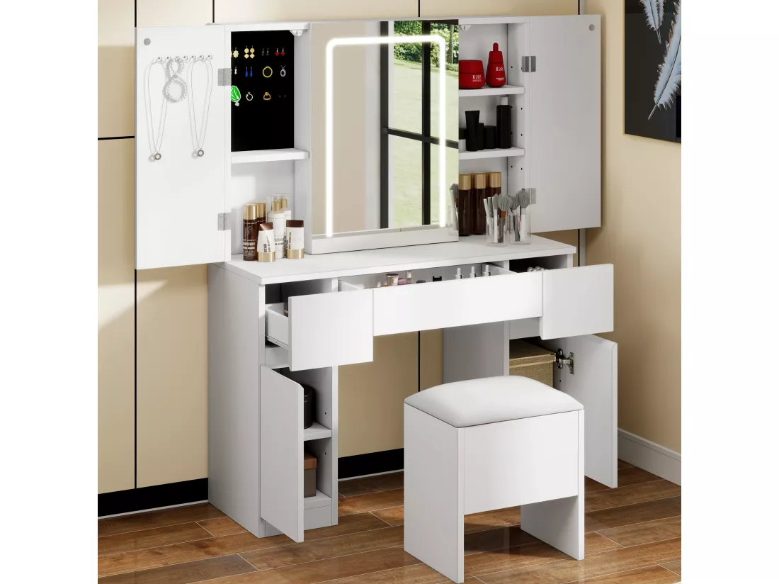 YITAHOME Coiffeuse avec Miroir et Tabouret - Table de Maquillage avec Éclairage LED - Table Cosmétique avec 3 Tiroirs - Blanc
