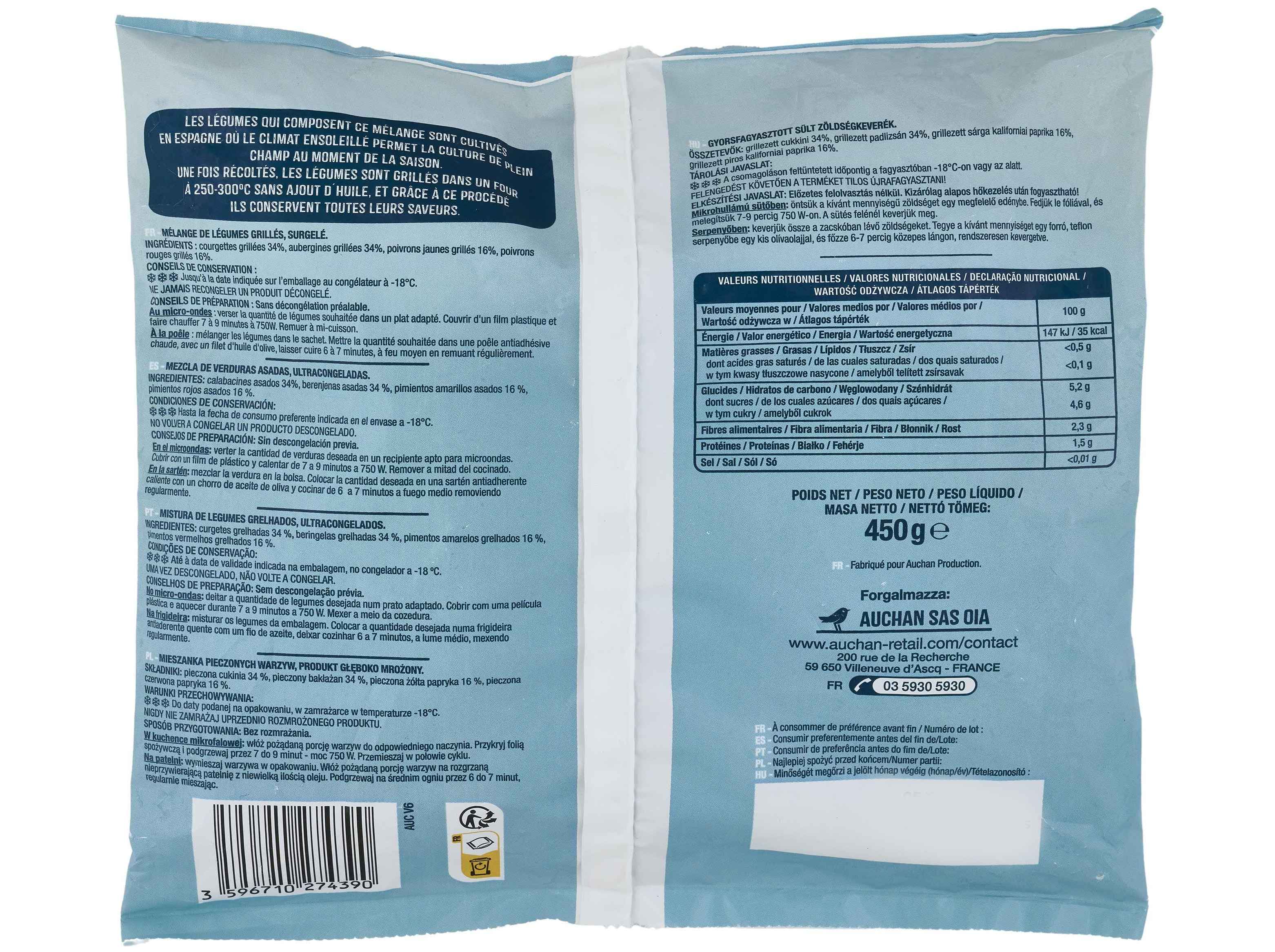 MISTURA DE LEGUMES AUCHAN GRELHADOS ULTRACONGELADOS 450G