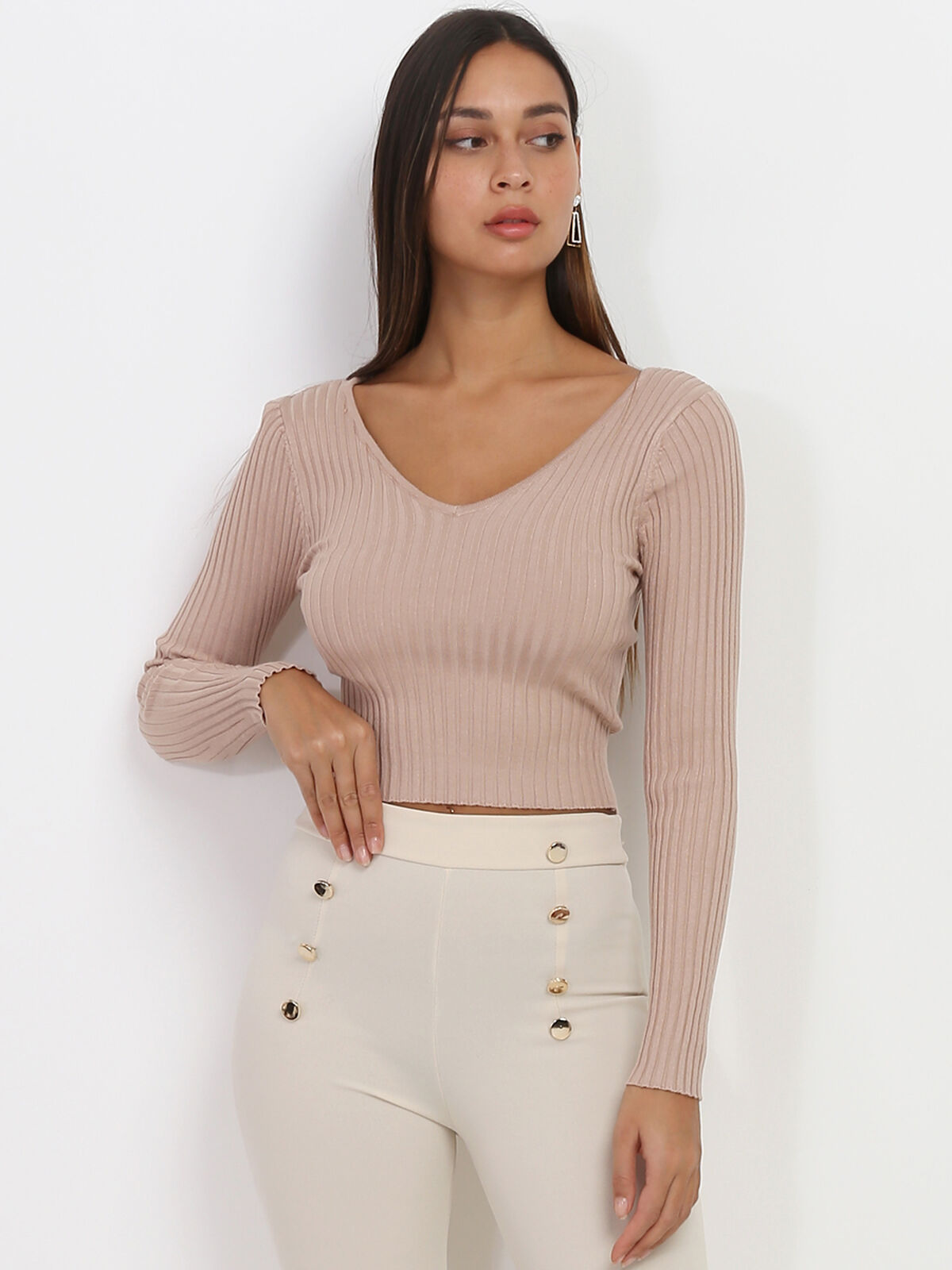 Sous pull cropped en maille côtelée- Beige foncé