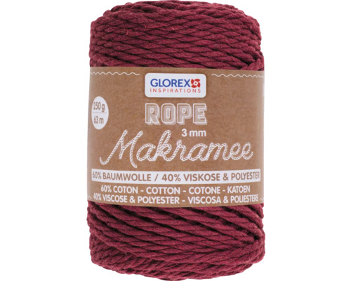 Macramé gedraaide wol, bordeauxrood, 3 mm, 250 g