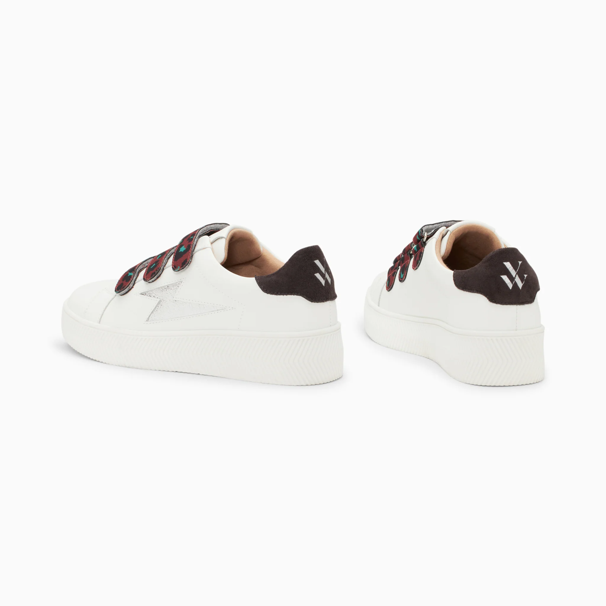 Sneakers-Baskets éclair Noura blanc et argent à scratchs léopard
