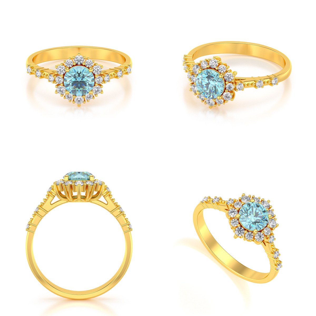 Bague ADEN Or 585 Jaune Aigue-Marine et diamants 3.25grs