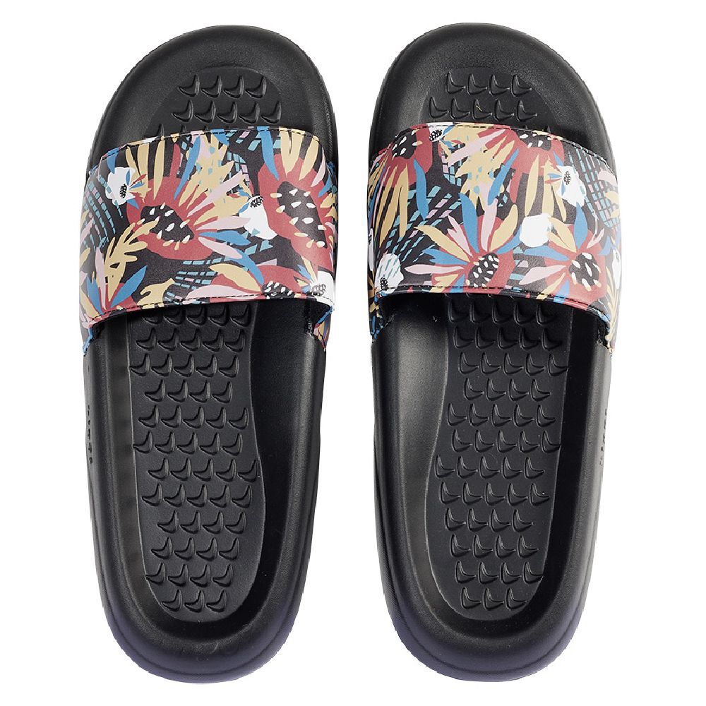 Sandales claquettes plastique noir motif feuillage multicolore 40/41
