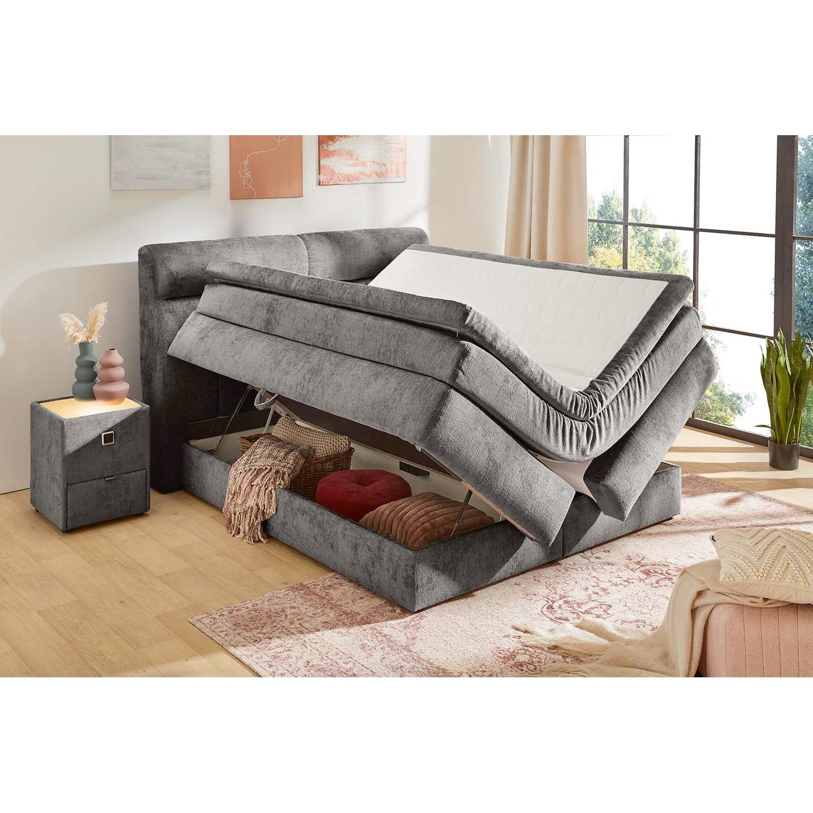 Boxspringbett Queen Stoff Chenille 180 x 200 cm, mit Bettkasten grau