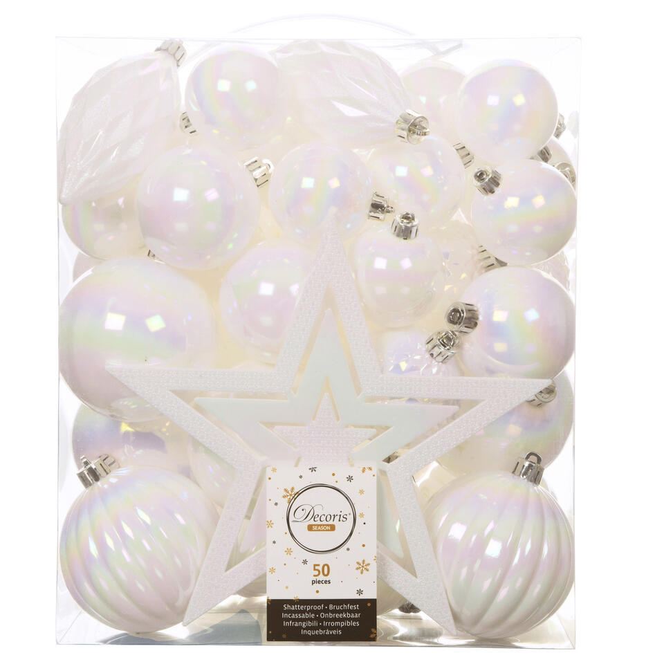 Decoris Kerstballen met piek - 49st - kunststof - parel wit 5-6-8-10cm