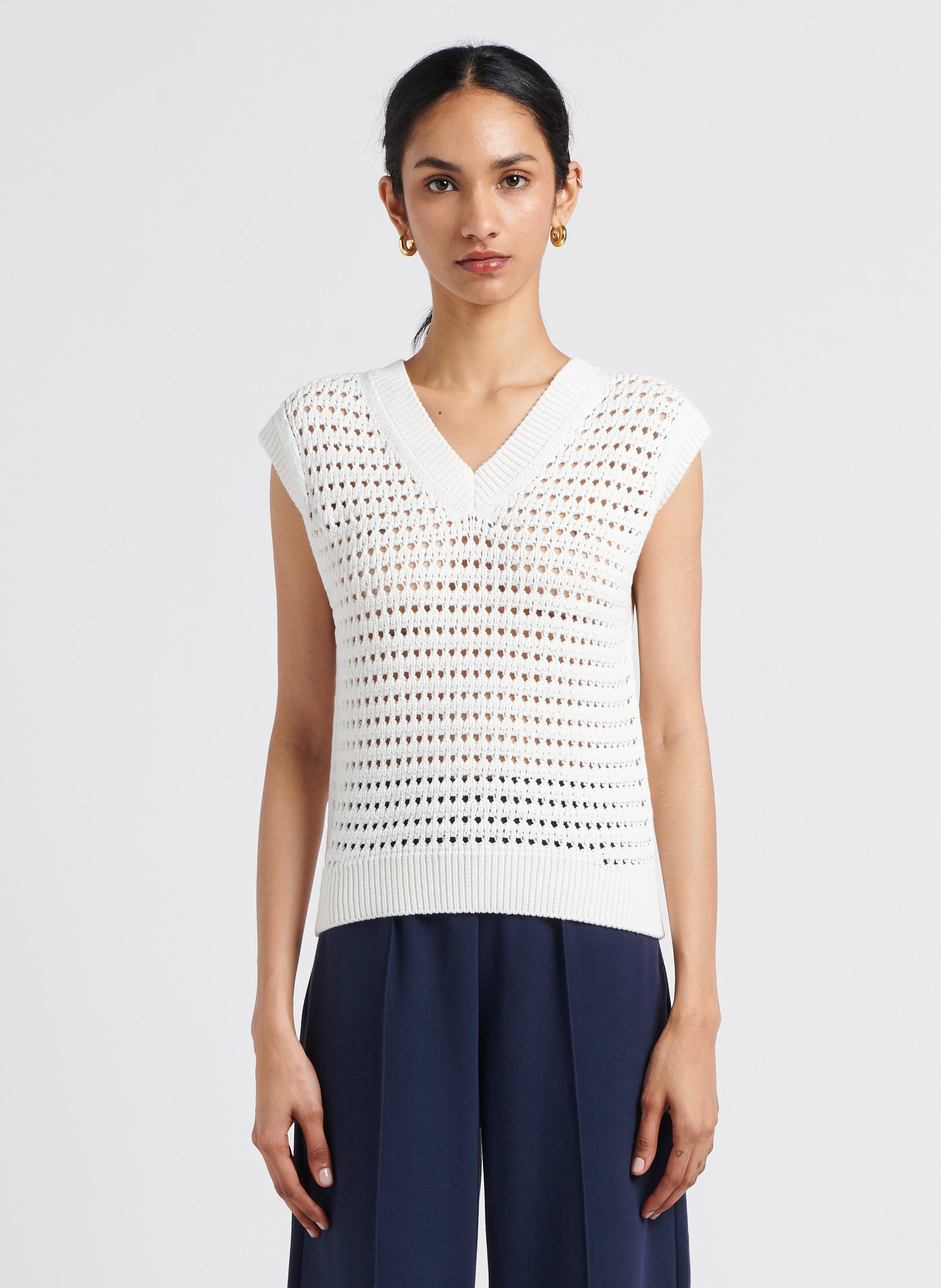 PALCO - Pull sans manches col V ajouré en coton mélangé | Blanc