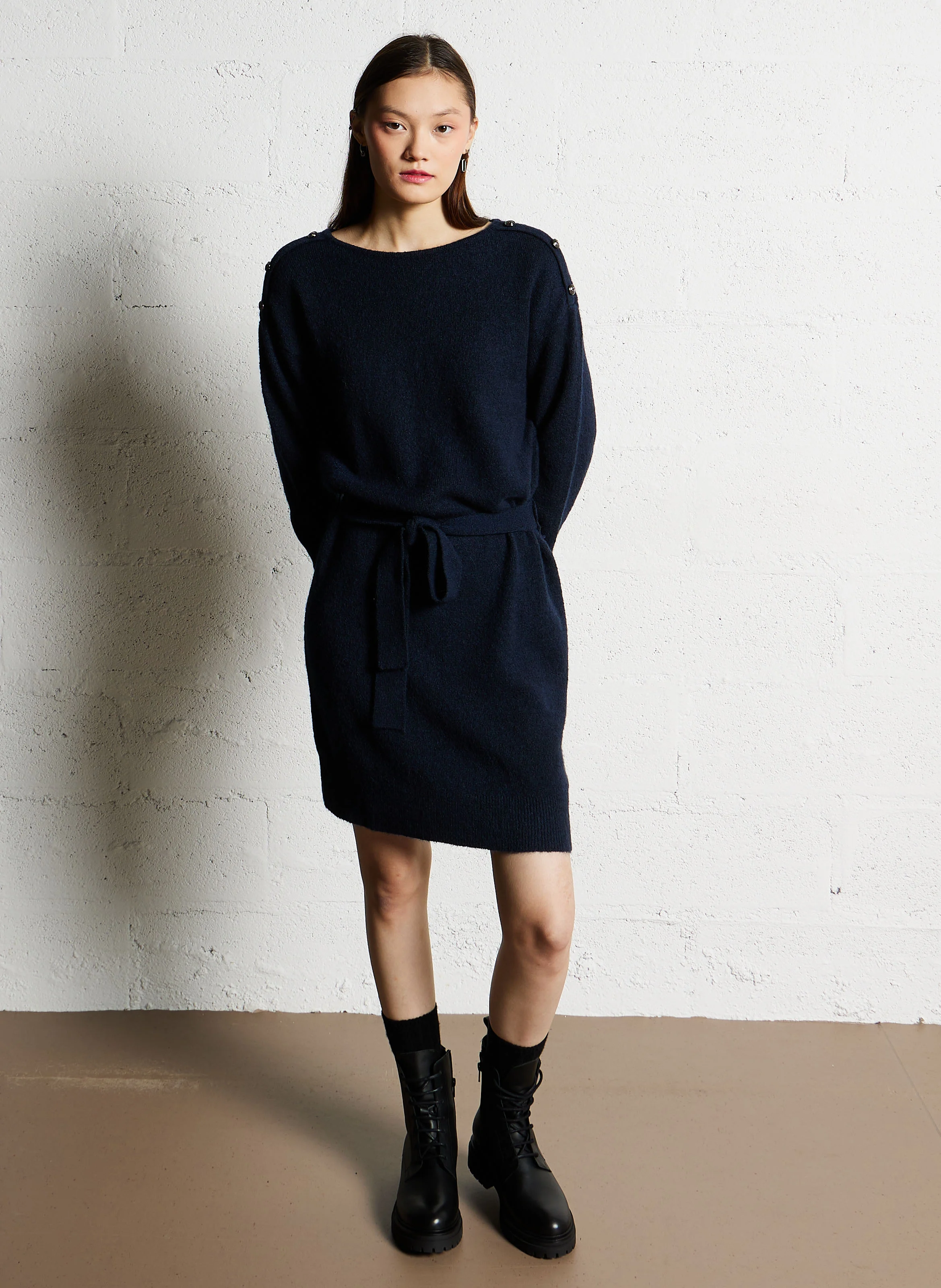TORTANQ - Robe pull courte ceinturée| Bleu
