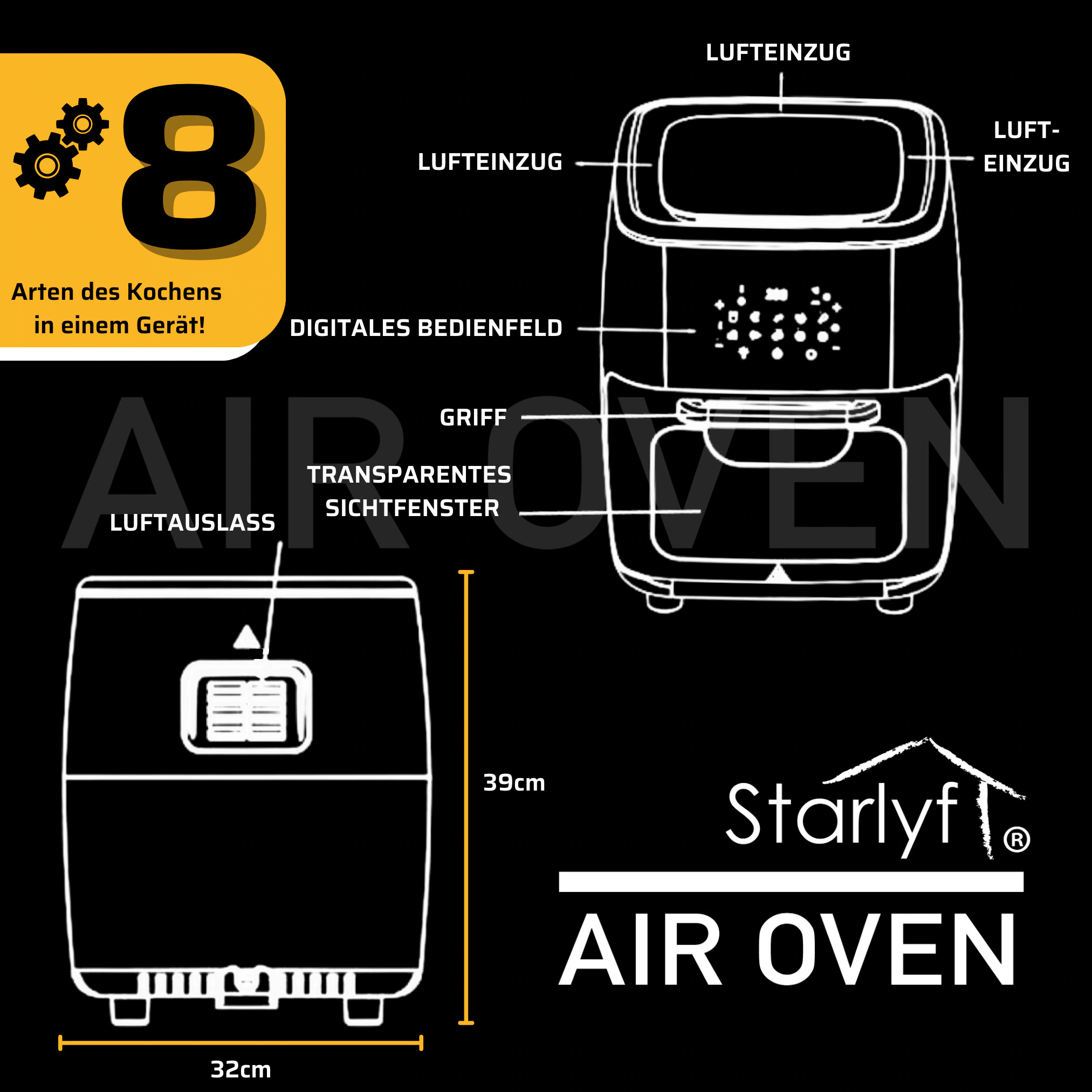 Starlyf® Heißluftfritteuse XL mit Drehspieß - Backofen & Fritteuse Air Oven 3in1