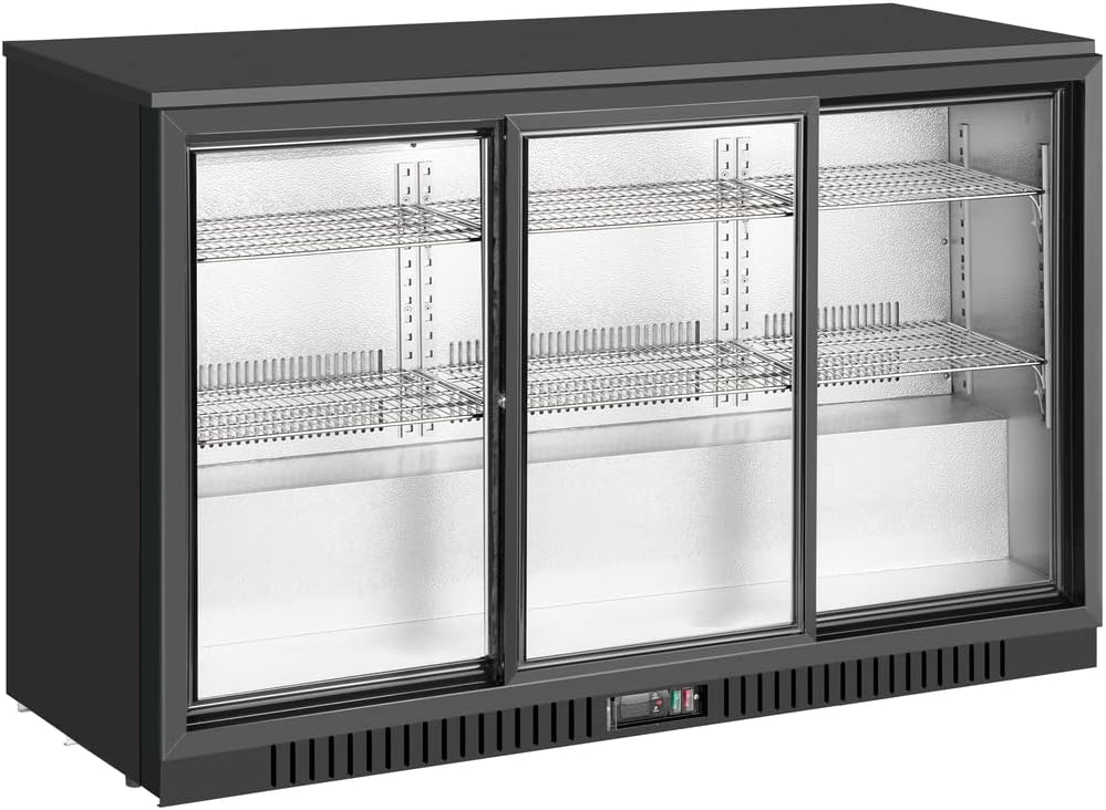 METRO Professional GBC3103 Glastür-Kühlschrank, Verzinktes Blech/Aluminium/Glas, 3 türig, 9 verstellbare Einlegeböden, automatische Abtauung, 308 L, mit Schloß, LED Beleuchtung, schwarz