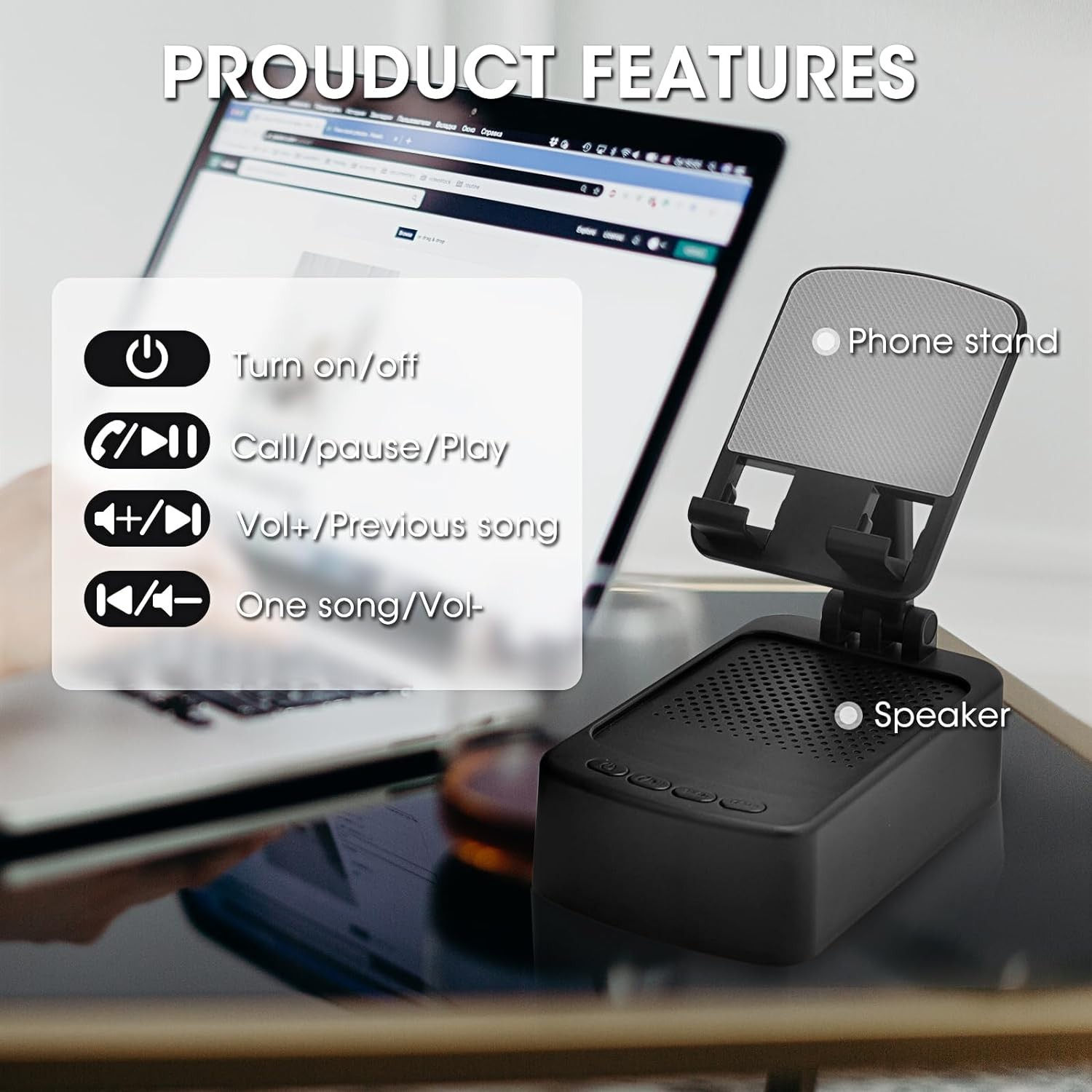 2in1 Mini Bluetooth Lautsprecher mit Smartphone / Tablet Halterung - Schwarz