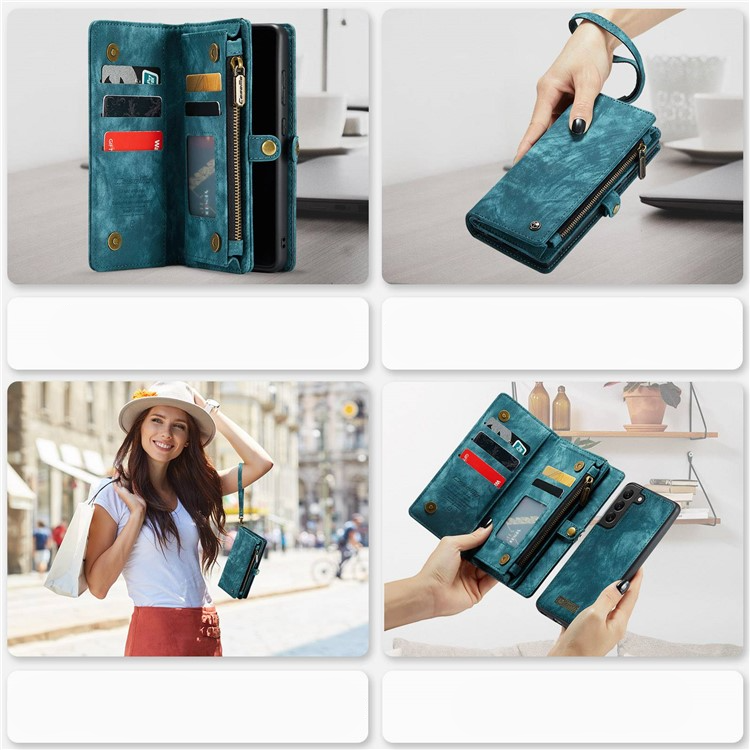 Samsung Galaxy S21 FE 5G 2in1 Leder Tasche   Magnet Hardcase Karten Etui - Blau / Grün