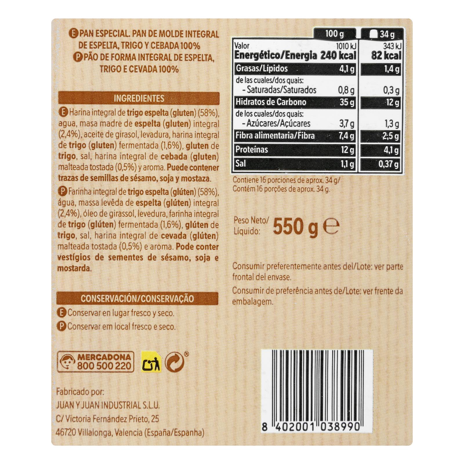 Pain d'épeautre complet 100 % naturel Hacendado