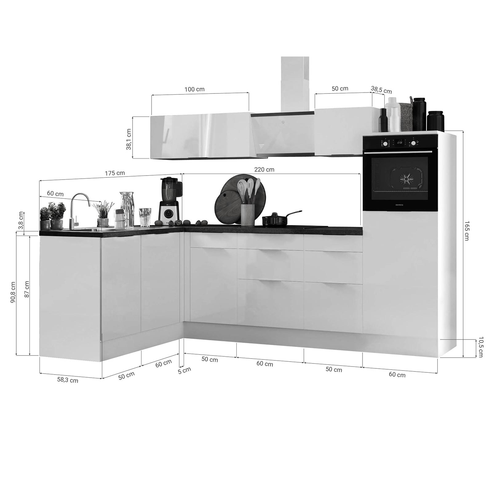 RESPEKTA Winkelküche - Artisan Eiche - grau matt - mit E-Geräten - 280x175 cm