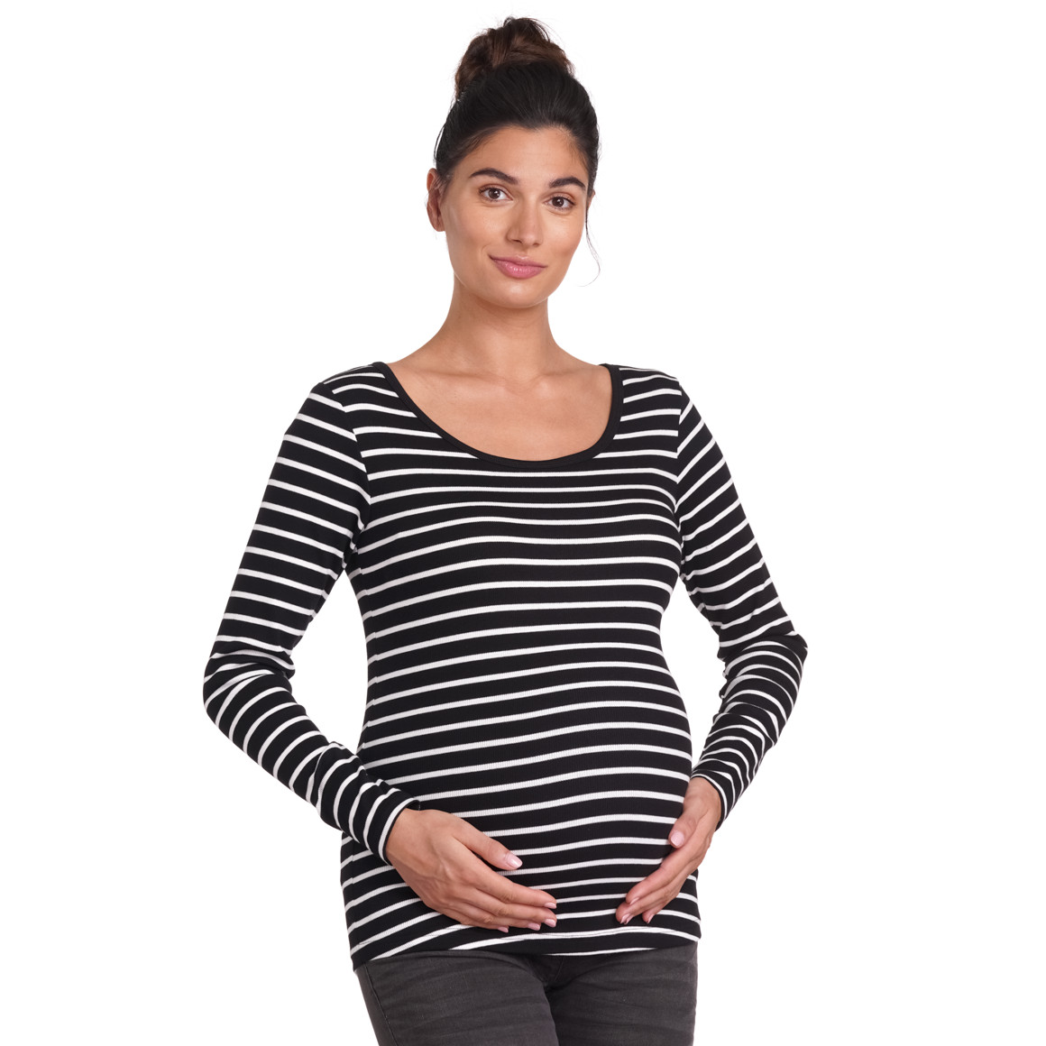 Gina Mama Damen Umstands-Langarmshirt im Ringel-Look schwarz / weiss