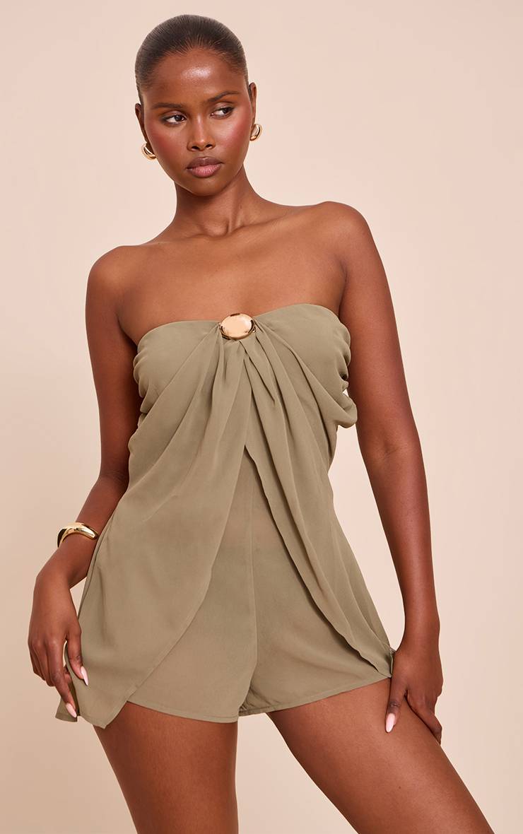 Vert Olive Combinaison-short Bustier À Détails Bordure Mousseline