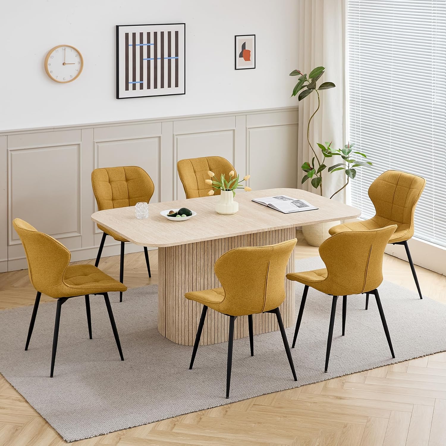 Moderner Esstisch für 4–6 Personen, 160cm Rechteckiger Küchentisch (Travertin-Maserung) mit Schwerem Säulenfuß für Wohnzimmer, Küche, Wohnung, Gelb