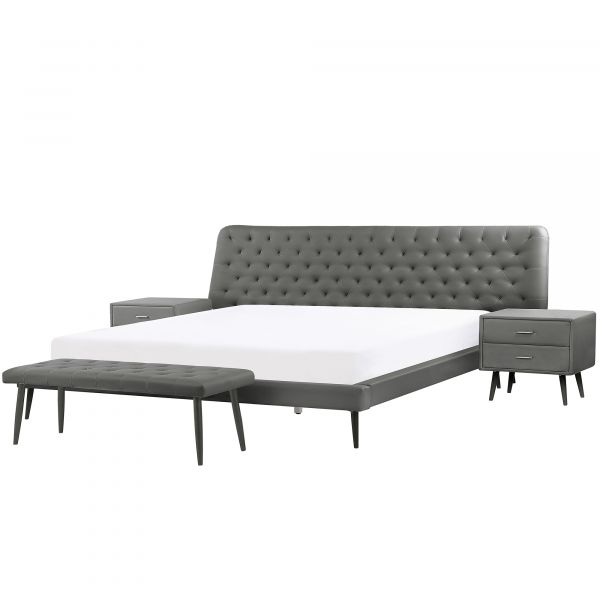 Beliani Conjunto de Quarto de Dormir Essonne de Pele Sintética Cinzento 220x230x118