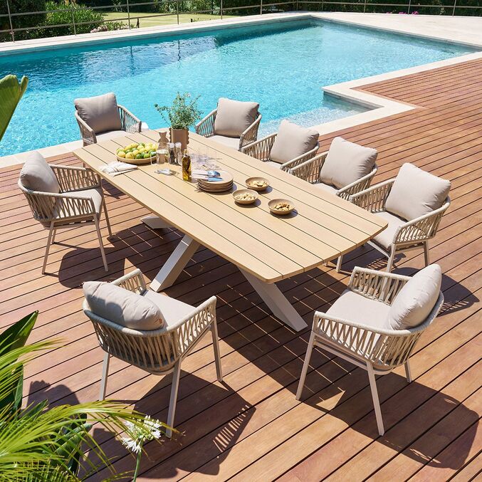 Ensemble table de jardin ORACLION + 10 fauteuils ORIENGO Noix & Argile