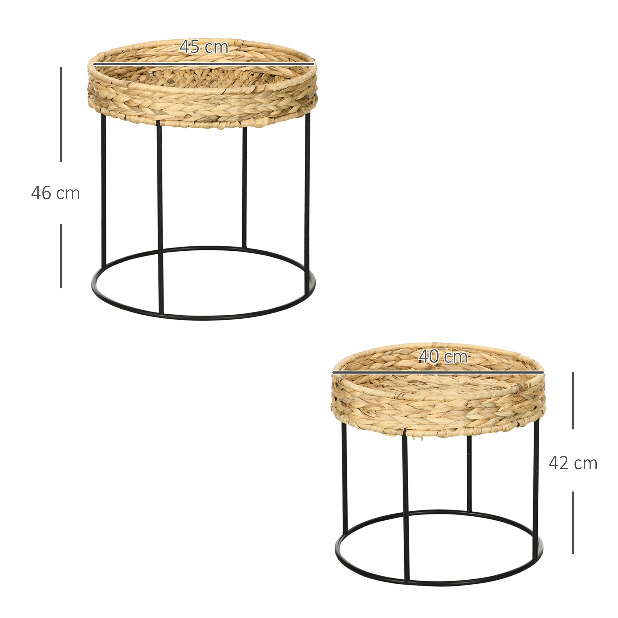 HOMCOM Couchtisch mit handgeflochtene Wasserhyazinthen-Tischplatte schwarz, natur Ø45 x 46H cm