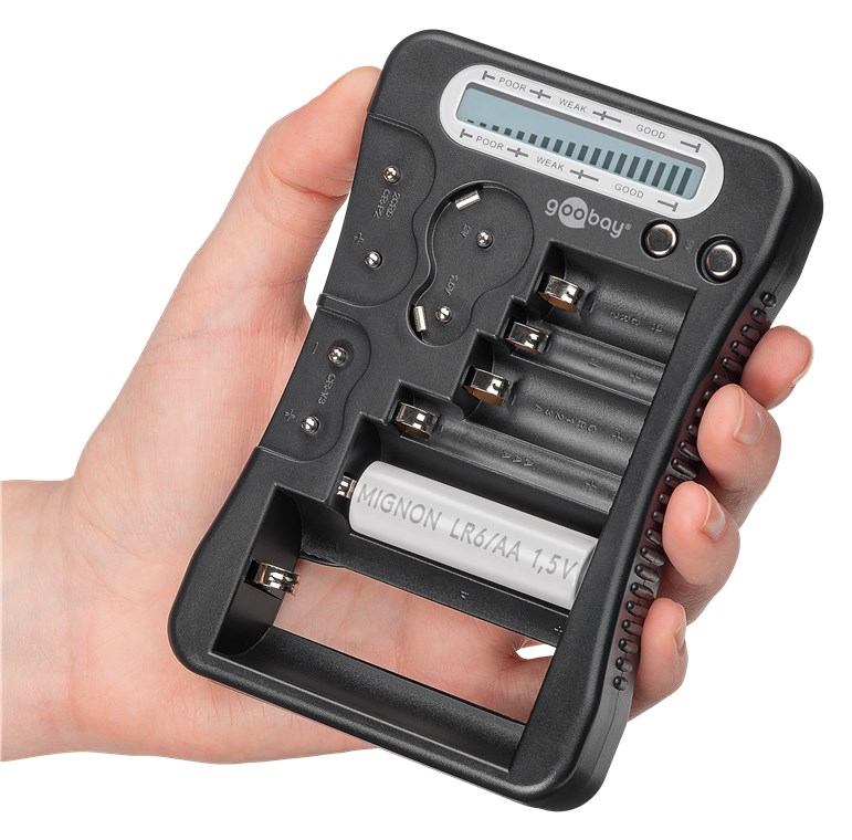Akku / Batterie Tester Prüfer LCD Balkenanzeige für Typ AA / AAA / D / N / 9V / CR2 / CR123A / 2CR5 / CR-V3 / CR2016 / CR2025 / CR2032 / LR44 / CR-P2 (72511) - Schwarz