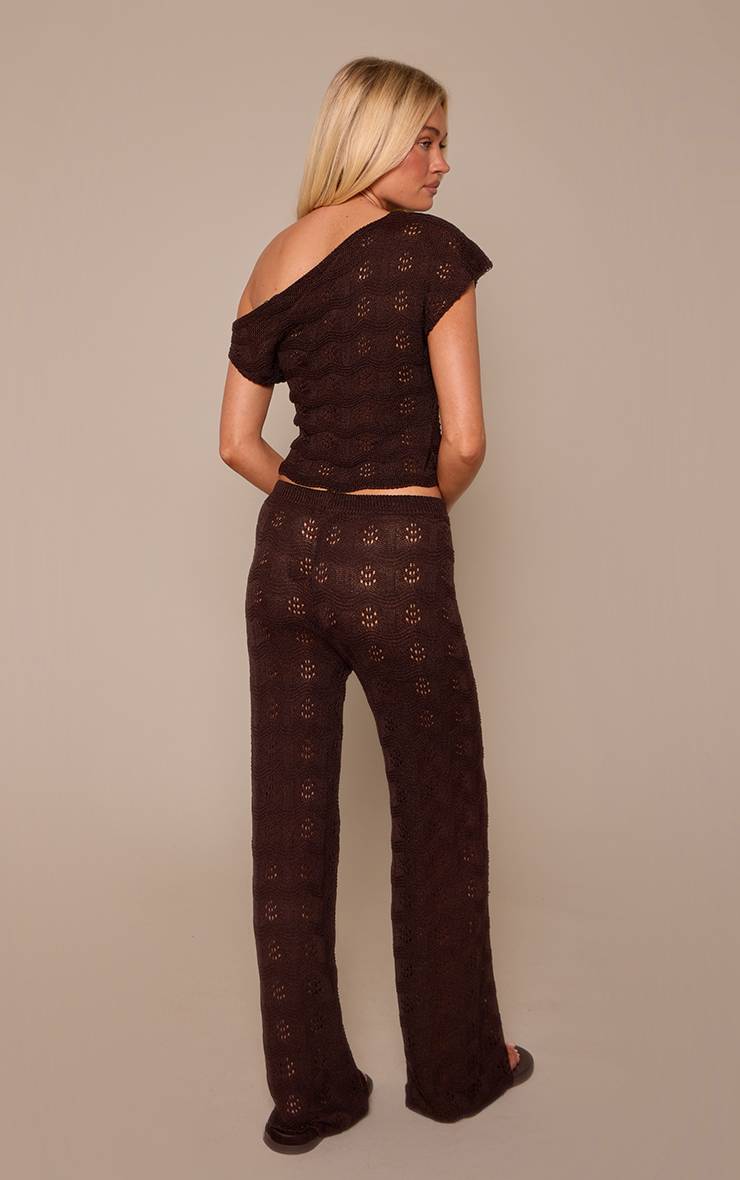 Chocolat Pantalon Large En Maille Crochet À Motif Ondulé