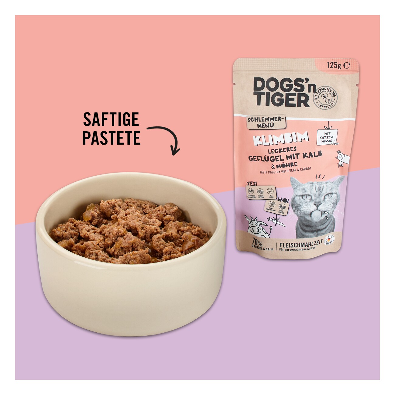 Dogs'n Tiger Adult Nassfutter Katze, Klimbim, Geflügel, Kalb & Möhre, 12x 125g