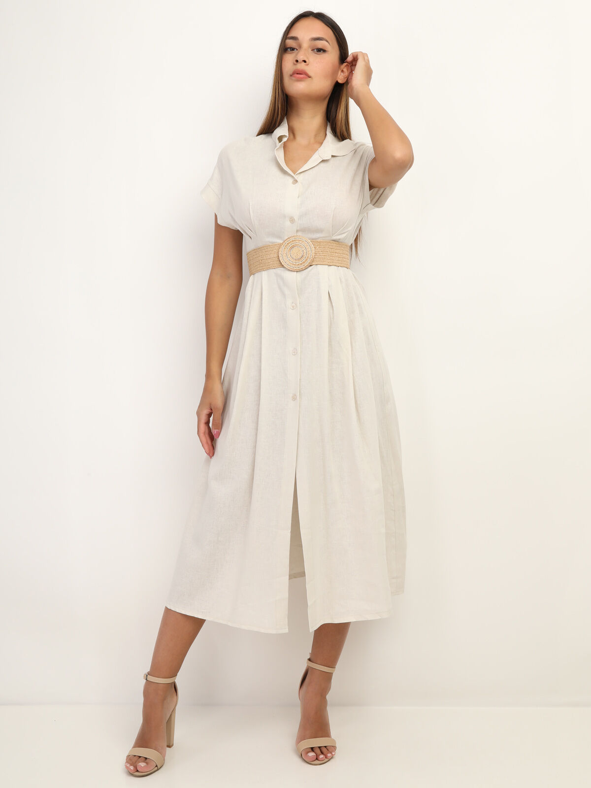 Robe en lin boutonnée à fente- Beige