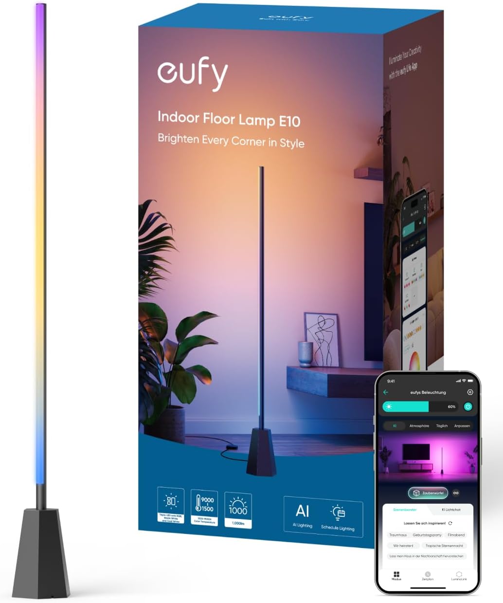 eufy Zimmer-Stehlampe E10, RGBWW LED, Smarte Stehlampe für Wohn- und Schlafzimmer, 16 Mio. Farben, 1700 Lumen, Kompatibel mit Google, Endlose KI-Lichtthemen, App-Steuerung, Musikmodus, Schwarz