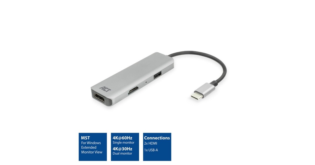 ACT ConnectivityUSB-C 4K multiport adapter voor 2 HDMI schermen, USB-A datapoort  (Aluminium)