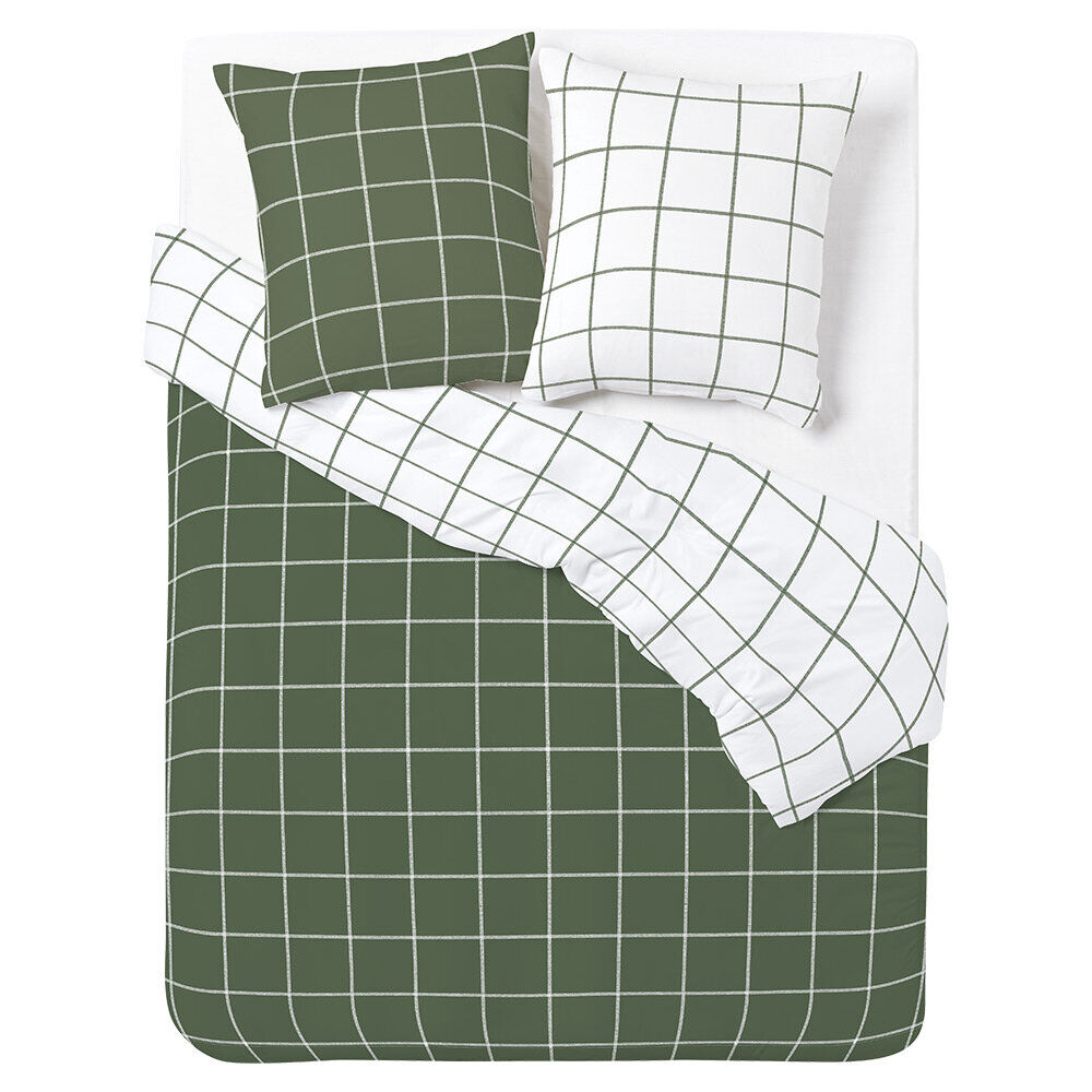 Parure de lit 2 personnes 200x200cm réversible quadrillé vert et blanc