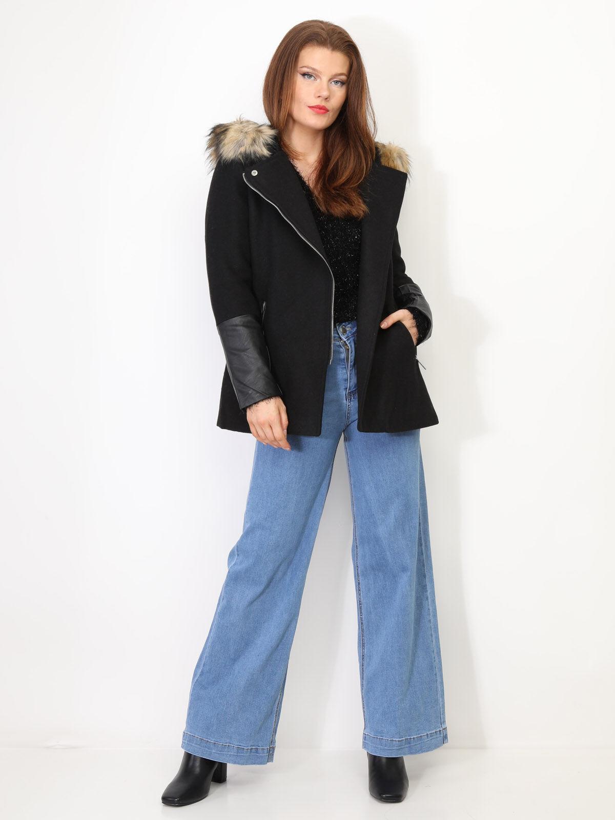 Manteau à manches en simili- Noir