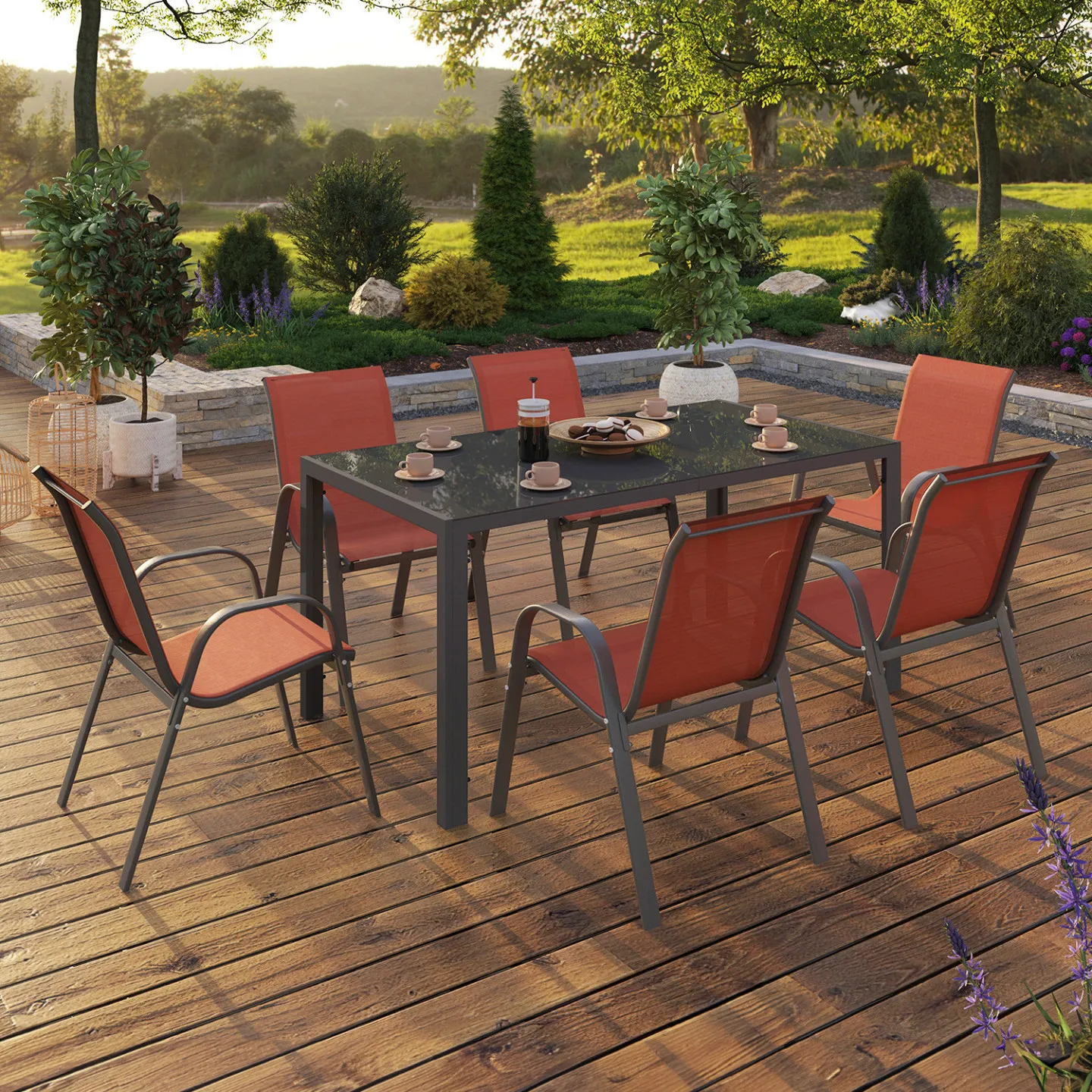 Salon de jardin MADRID table 150 CM et 6 chaises empilables terracotta