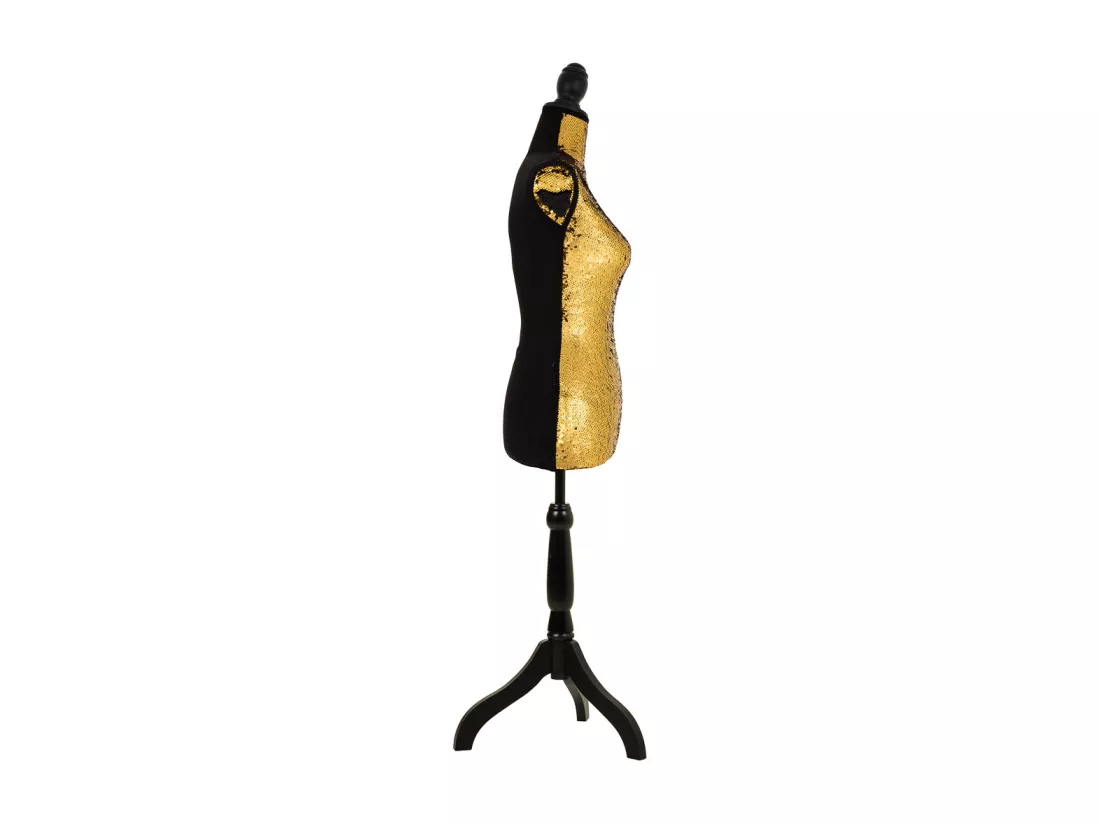 Mannequin en bois et mousse habillé de tissu doré 24x37,5x168h