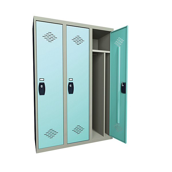 Vestiaire monobloc industrie salissante 3 cases, toit plat, corps gris / portes vertes