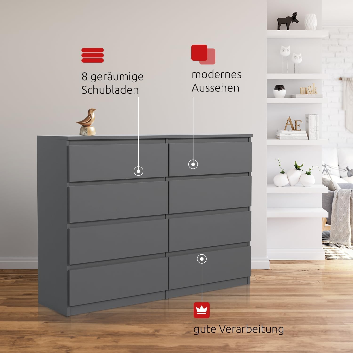 meble masztalerz Kommode 120 cm Breit - Modernes Sideboard - Schrank mit 8 Schubladen - Schubladenschrank - Kommodenschrank für Wohnzimmer, Flur, Schlafzimmer - Anthrazit 120x101,5x39 cm